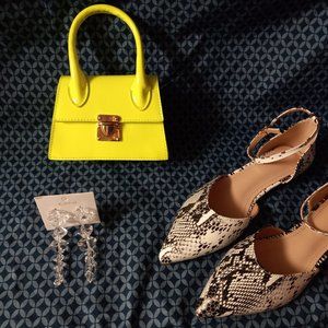 Neon citron yellow green Lime mini purse Grey snakeskin flats and 3 earrings lot